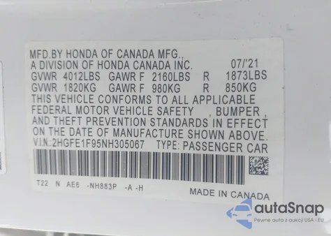 2022 Honda Civic Touring из США, поврежденный, VIN 2HGFE1F95NH305067